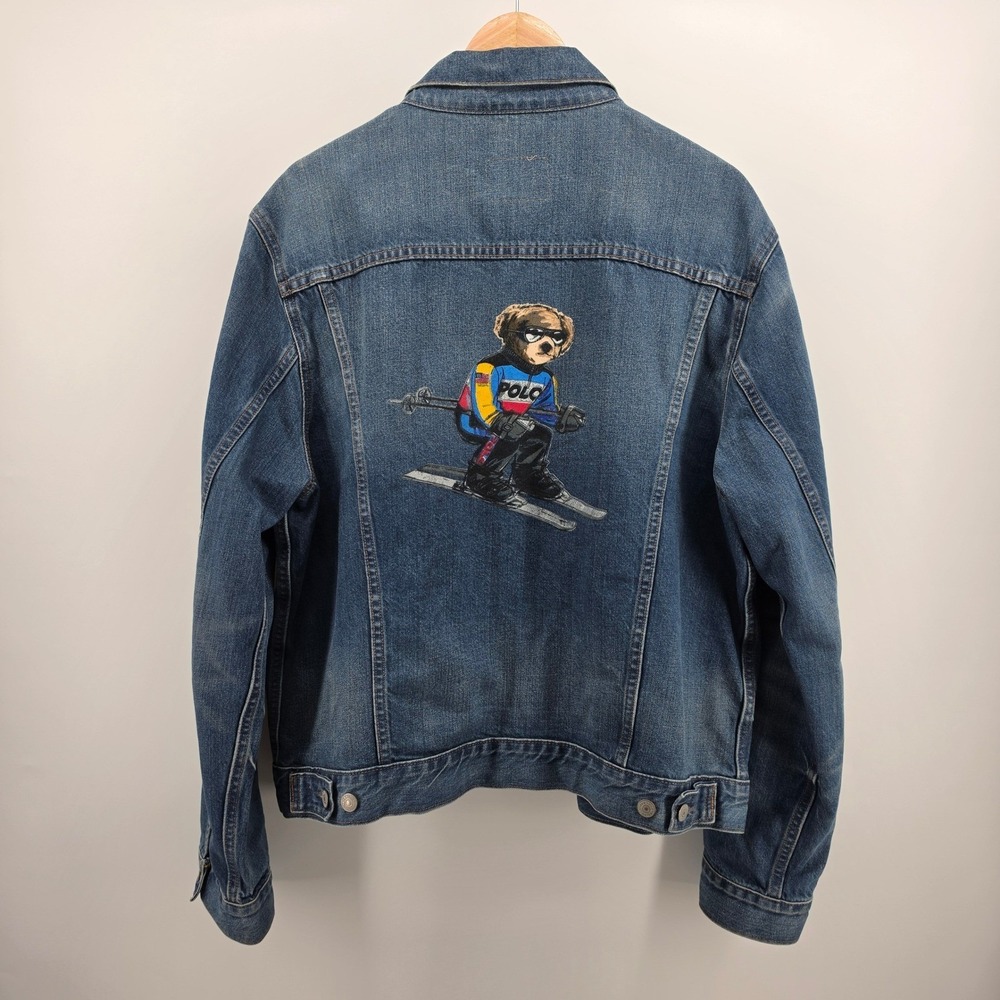 Polo Ralph Lauren Skiing Polo Bear Denim Trucker Jacket Blue Mens Size XXL